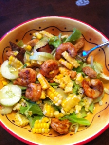 Summer Salad with Shrimp, Corn, Arugula, Cukes